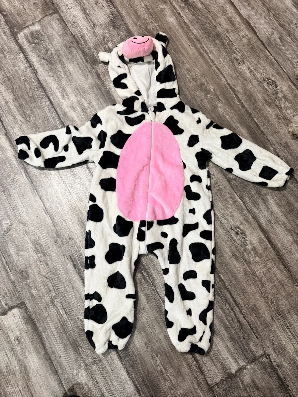 Kids Cow Plush Footed Costume with Pink Belly and Hood
